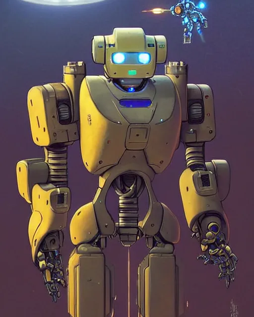 Image similar to bastion the friendly robot from overwatch, character portrait, portrait, close up, concept art, intricate details, highly detailed, vintage sci - fi poster, retro future, in the style of chris foss, rodger dean, moebius, michael whelan, and gustave dore