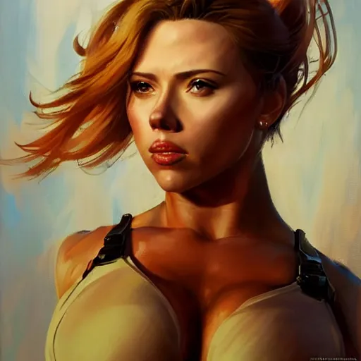 Image similar to greg manchess portrait of scarlett johansson as roided thick female bodybuilder lara croft, fantasy, medium shot, asymmetrical, profile picture, organic painting, sunny day, matte painting, bold shapes, hard edges, street art, trending on artstation, by huang guangjian and gil elvgren and sachin teng