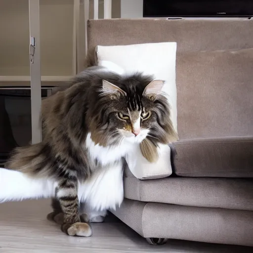 Image similar to a three meter Main Coon cat destroyed a living room