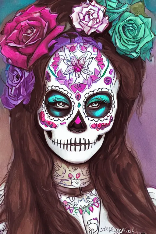 Image similar to Illustration of a sugar skull day of the dead girl, art by Steve henderson