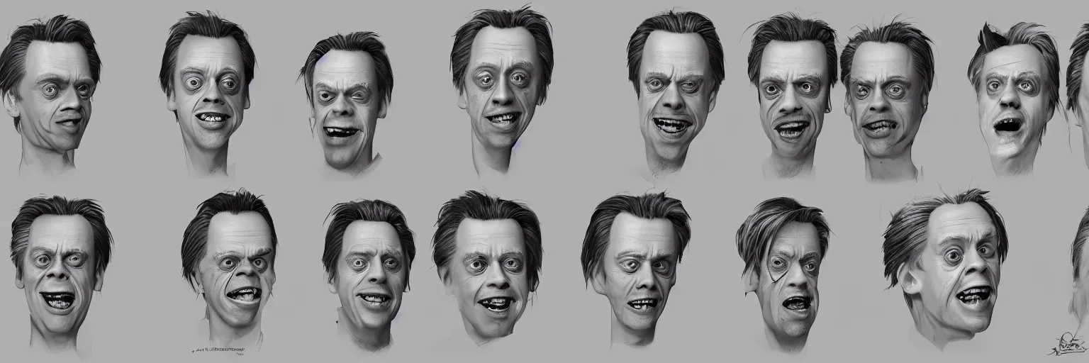 Image similar to character study of steve buscemi and gary busey, clear faces, wild, crazy, character sheet, fine details, concept design, contrast, kim jung gi, pixar and da vinci, trending on artstation, 8 k, full body and head, turnaround, front view, back view, ultra wide angle