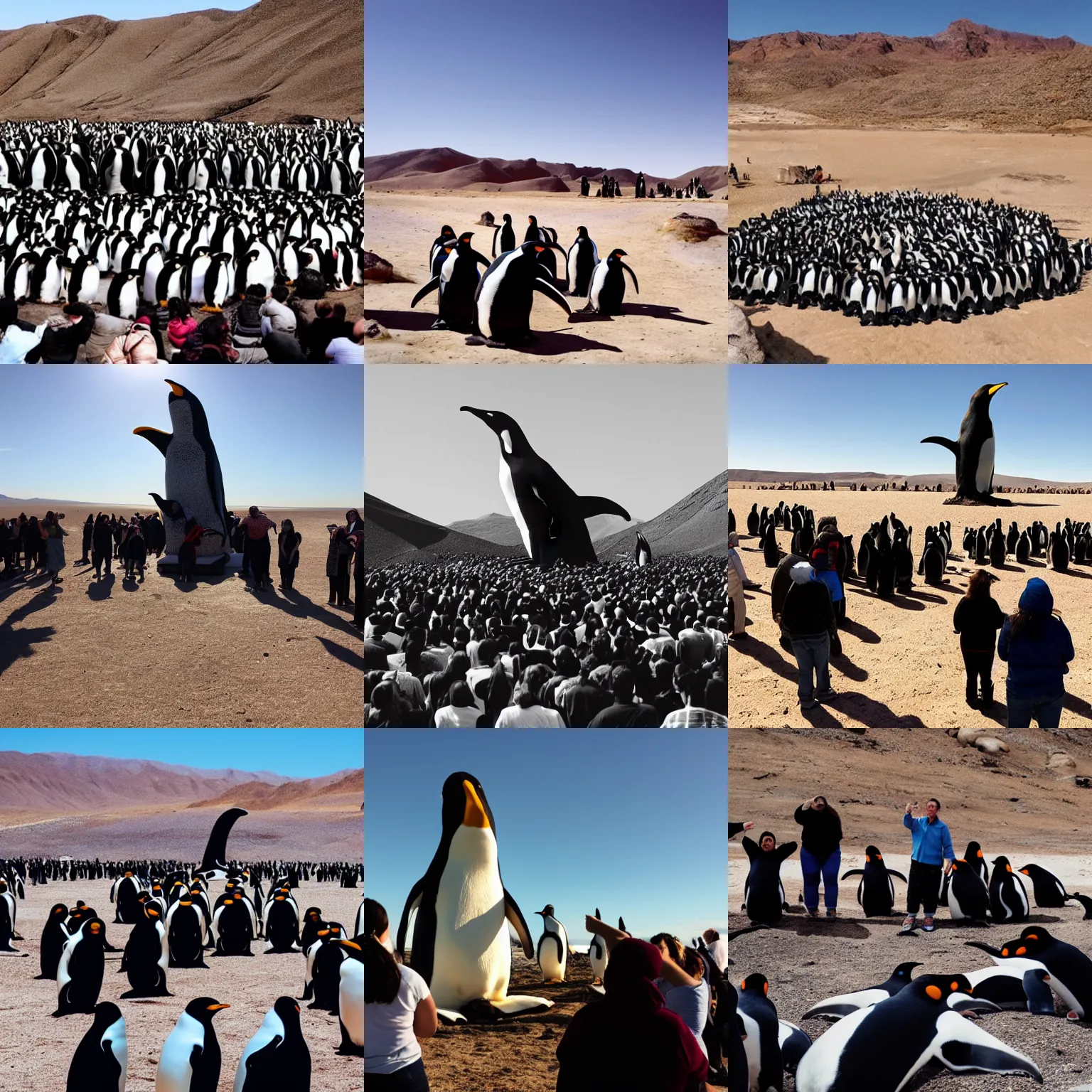 Prompt: photograph of a group of people worshipping a giant penguin in the desert