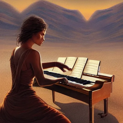 Prompt: UHD photorealistic The Mummy playing piano in the desert by Greg Rutkowski