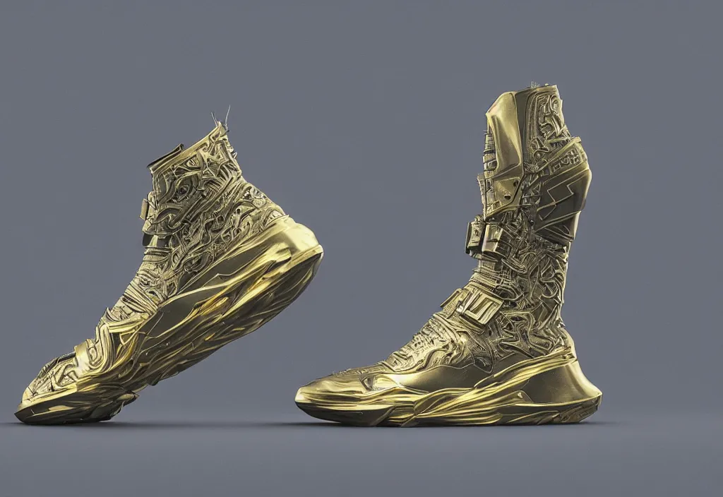 Prompt: one futuristic high - top sneaker with neon illuminated soles on a grey surface, clean 3 d render, beautiful studio lighting, soft, sharp focus, cyberpunk, intricate detail, gold filigree, soft rubber, octane render, trending on artstation, deviantart, art by iris van herpen and syd mead and giger