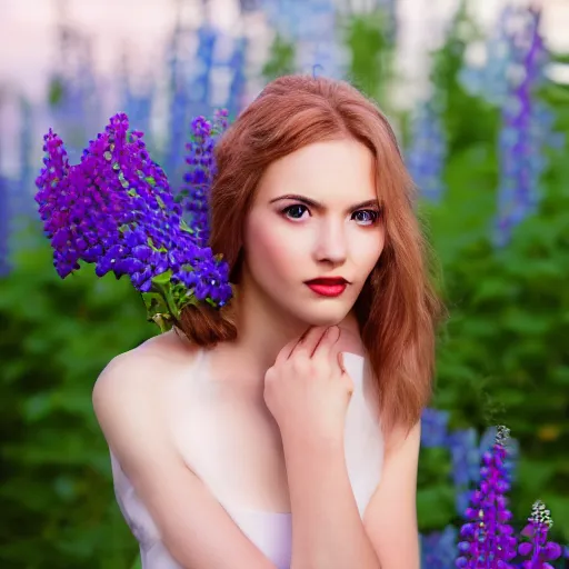 Image similar to a portrait of a romantic woman with flowers grow out of hair, roses peonies forget-me-nots dahlias lupins gladioli, sky theme in background, 35mm Photograph, 4K Resolution