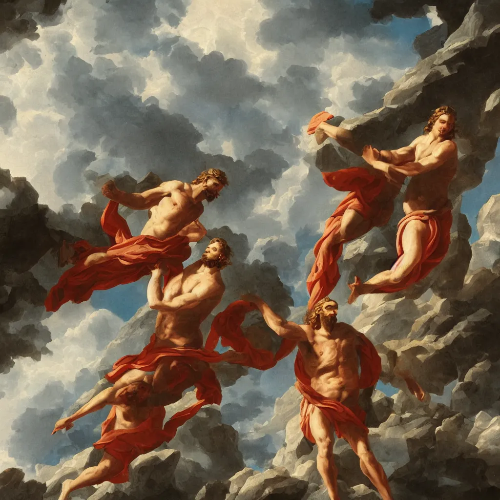 Prompt: a digital painting of Zeus descending from mount Olympus