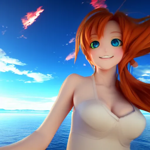 Prompt: a very beautiful and evil 3d anime girl flying over sea, unreal engine 5 4k render, hazler eyes, cute smile, trending on artstation, medium shot, long blonde hair