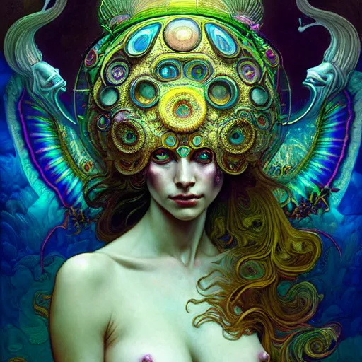 Image similar to An extremely psychedelic Air Goddesses, surreal, dramatic lighting, magic mushrooms, psilocybin, LSD, face, detailed, intricate, elegant, lithe, highly detailed, digital painting, artstation, concept art, smooth, sharp focus, illustration, art by Krenz Cushart and Artem Demura and alphonse mucha