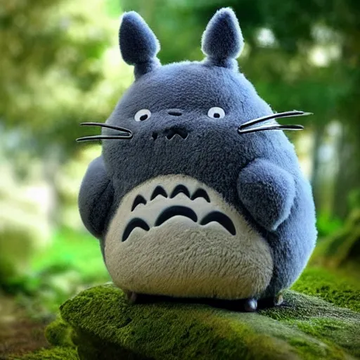 Prompt: real life totoro, cute!!!, happy!!!, chunky!!!, content!!!, mischievous!!!, adorable!!!, fluffy!!!, ultra realistic!!!, golden hour, sharp focus