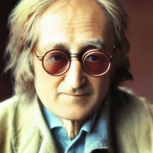 Image similar to A colored colorized real photograph of old John Lennon as an old man in his eighties with short hair in the 2010s, Old John Lennon, taken in the early 2020s, taken on a 2010s Camera, realistic, hyperrealistic, very realistic, very very realistic, highly detailed, very detailed, extremely detailed, detailed, digital art, trending on artstation, headshot and bodyshot, detailed face, very detailed face, very detailed face, real, real world, in real life, realism, HD Quality, 8k resolution, intricate details, colorized photograph, colorized photo, John Lennon as an old man with short hair, old, old man, headshot and bodyshot, old man that looks like John Lennon with short hair, old guy with short hair