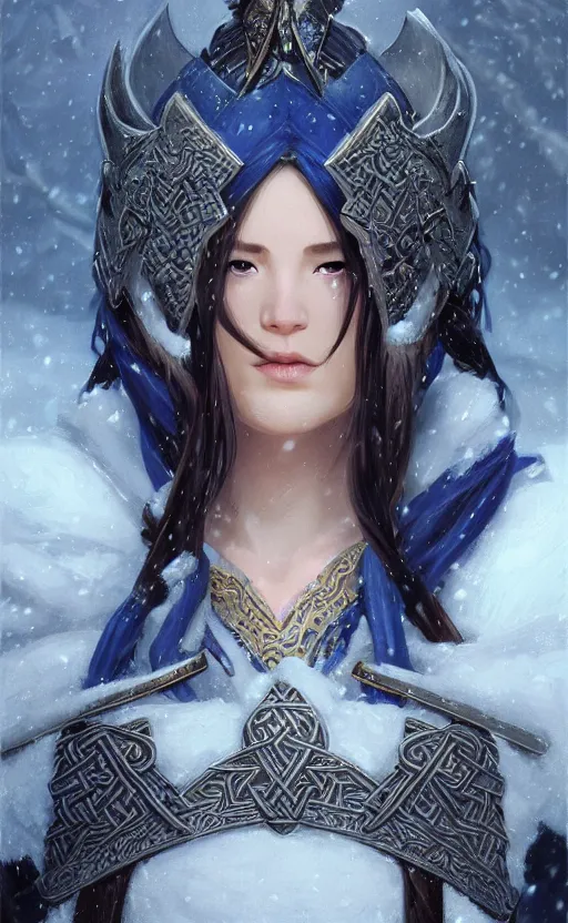 Image similar to azure viking warrior, regal, elegant, winter, snow, beautiful, stunning, hd, illustration, epic, d & d, fantasy, intricate, elegant, highly detailed, wide angle, digital painting, artstation, concept art, smooth, sharp focus, illustration, wallpaper, art by artgerm and greg rutkowski and alphonse mucha and jin xiaodi