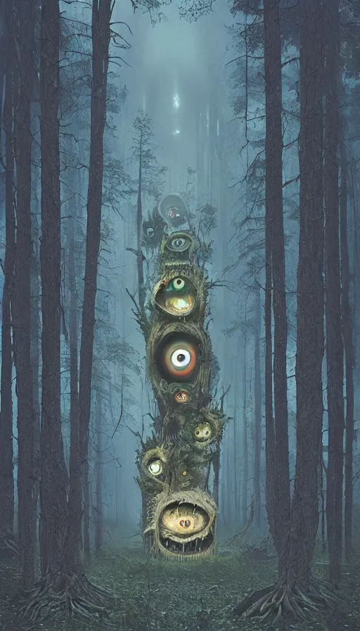 Prompt: a storm vortex made of many demonic eyes and teeth over a forest, by beeple