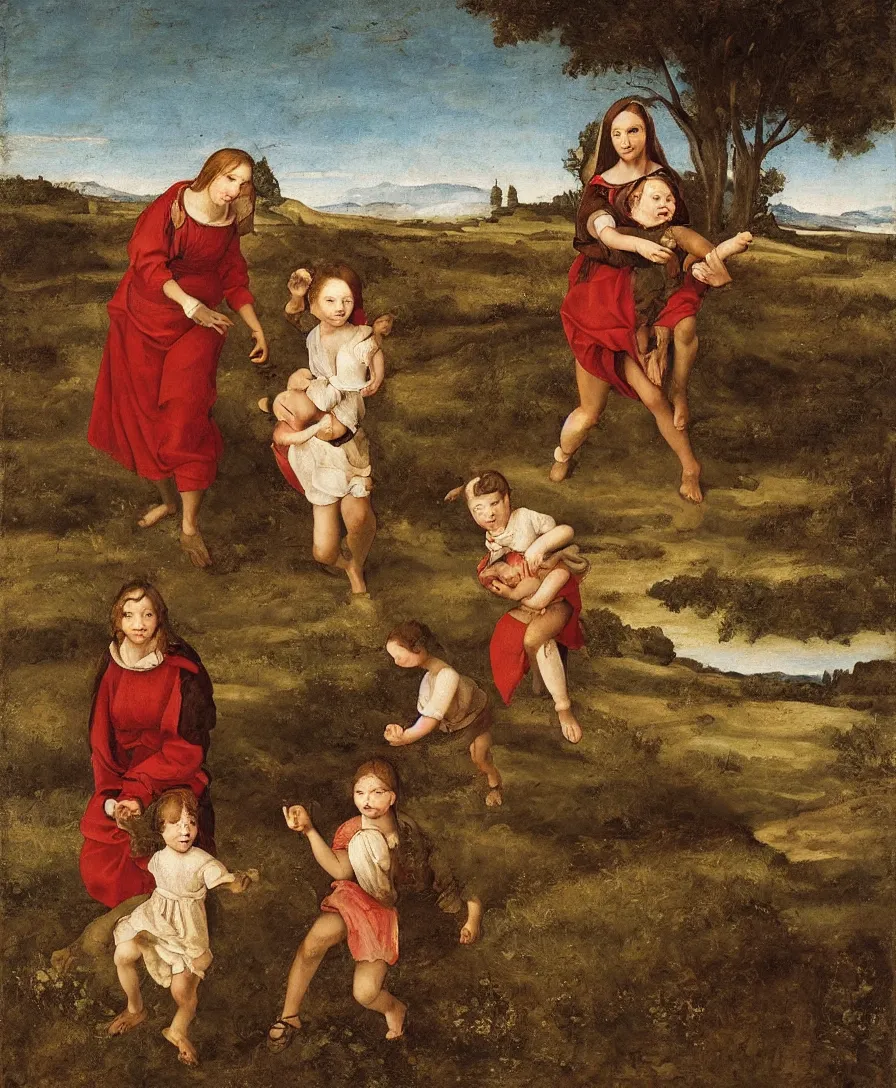 Prompt: a woman playing with two small boys in a dried out meadow, in the style of Raffael, oil painting, Italian Renaissance