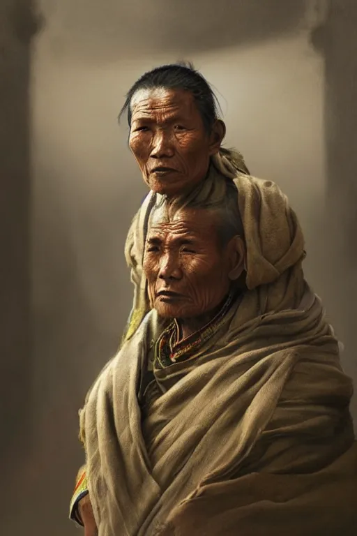 Image similar to Tibetan citizen, portrait, poor, intricate, elegant, volumetric lighting, scenery, digital painting, highly detailed, artstation, sharp focus, illustration, concept art,ruan jia, steve mccurry