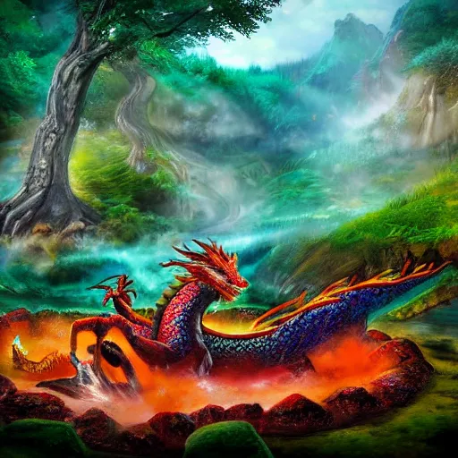 Image similar to highly detailed photograph of a dragon in a colorful hotspring with forest backdrop, featured on artstation