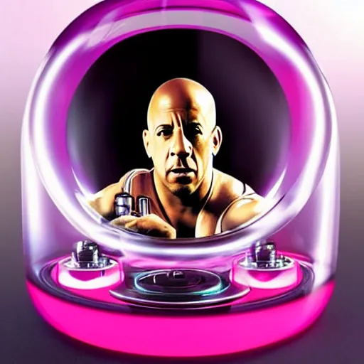 Prompt: vin diesel's disembodied detached head suspended floating inside a glass cylinder full of pink liquid, and the glass cylinder is protruding from a sci - fi computer, looks similar to a hi - fi tube amplifier, zordon from power rangers