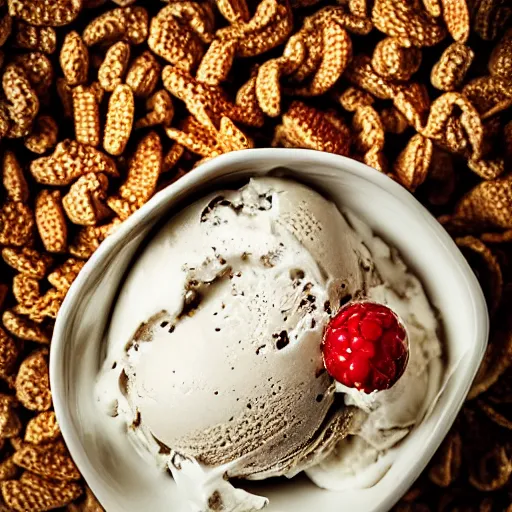 Prompt: ice cream and cereal bowl, yum, photograph, 30mm photography