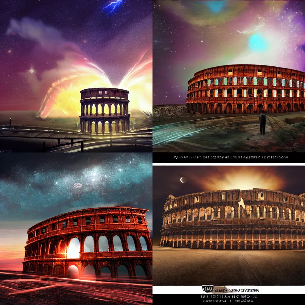 Prompt: Digital art of a bridge across the ocean designed to resemble the Roman colosseum, a nebula explodes in the night sky, a man on a motorcycle looks out, trending on artstation