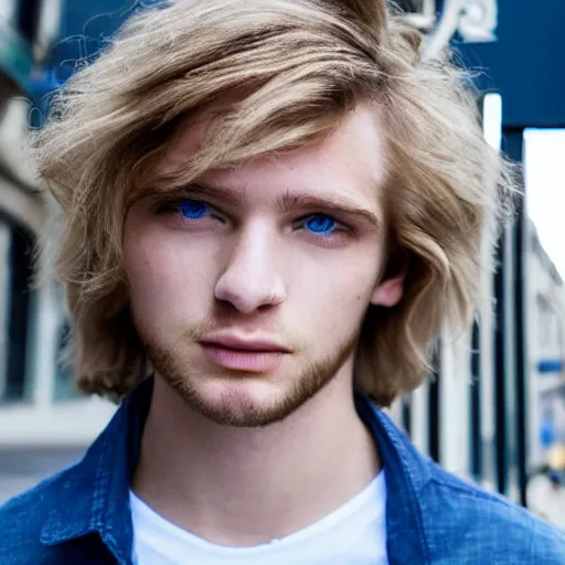 Image similar to a beautiful young man, blond, long hair, blue eyes, fair skin, in the middle of the city, detailed face and hair, hyper realistic