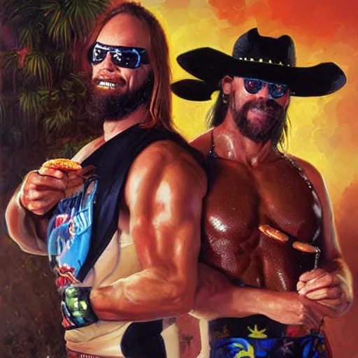 Image similar to portrait of wwf macho man randy savage and wcw sting sharing hotdogs, an oil painting by ross tran and thomas kincade