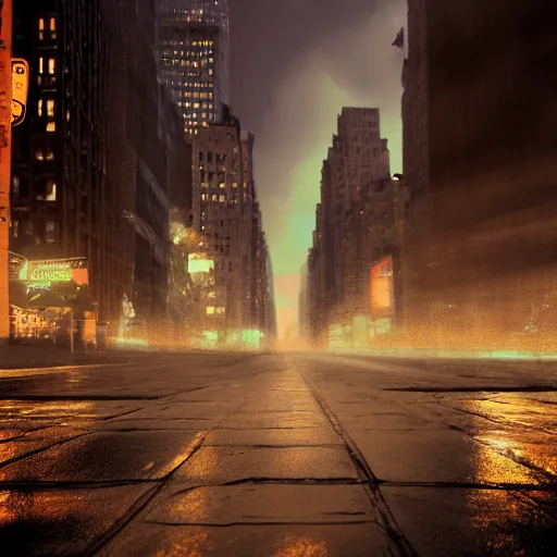 Image similar to ghost of New York, NYC sidewalk, city lights, spooky Halloween fun, trending on artstation, 8k, 4k, volumetric lighting, unity