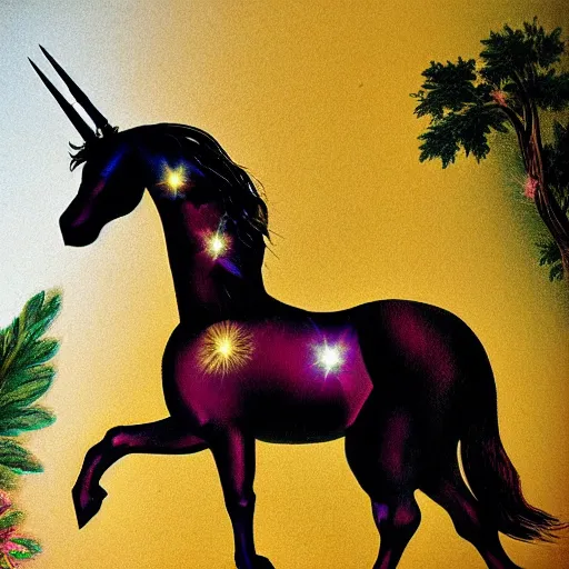 Image similar to a unicorn walking on rainbow in the style of caravaggio