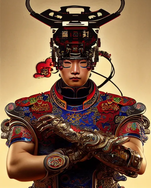 Image similar to portrait of a chinese masculine male cyberpunk machine, machine face, upper half portrait, decorated with chinese opera motifs, muscular, asian, fine china, wuxia, traditional chinese art intricate intense elegant 京 剧 highly detailed digital painting artstation concept art smooth sharp focus illustration, art by artgerm and greg rutkowski alphonse mucha 8 k