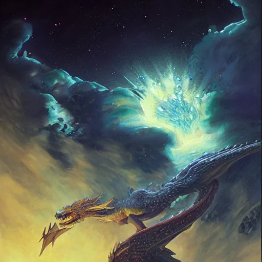 Prompt: Blue scaled chrystalline dragon devouring a planet in space, sun system, nebula, oil painting, by Fernanda Suarez and Edgar Maxence and Greg Rutkowski