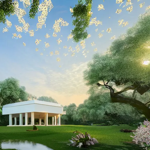 Image similar to evolving fractal, flowing white architectural Villa, futuristic 3D, voronoi pattern pavilion with magnolias on the roof, perforated shaders, sunrays through the pavilion structure, lush botanical trees, prairie landscaping, sunrise, golden hour, illuminated pool, fluffy clouds