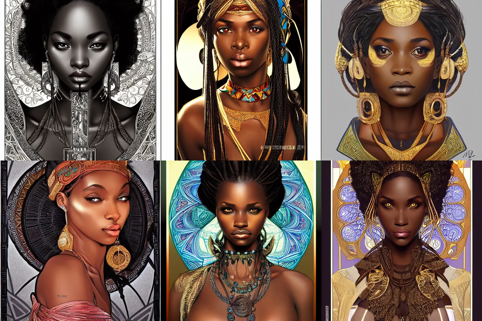 Prompt: black african princess, symmetric, highly detailed, concept art, intricate, sharp focus, illustration, rutkowski, artgerm, alphonse mucha