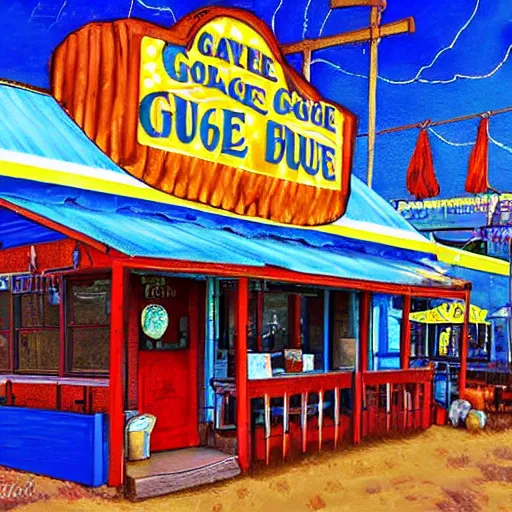 Image similar to the blue goose tavern. a big and famous roadside tavern. delicious fried pudding with sweet liquor is served here. digital art