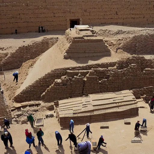 Image similar to a wide angle photograph of people building an egyptian pyramid in 3 0 0 0 bc. traditional tools being used. ancient building techniques on display. beautiful morning lighting. the photo shows the pyramid partially complete. large stones are also present, being moved into position by many workers. workers are wearing traditional clothes for the time