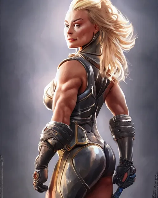 Prompt: full figure ultra realistic illustration, margot robbie as thick female bodybuilder knight zarya from overwatch smiling with closed eyes wearing thin armour, intricate, elegant, highly detailed, digital painting, artstation, concept art, smooth, sharp focus, illustration, art by artgerm and greg rutkowski and alphonse mucha