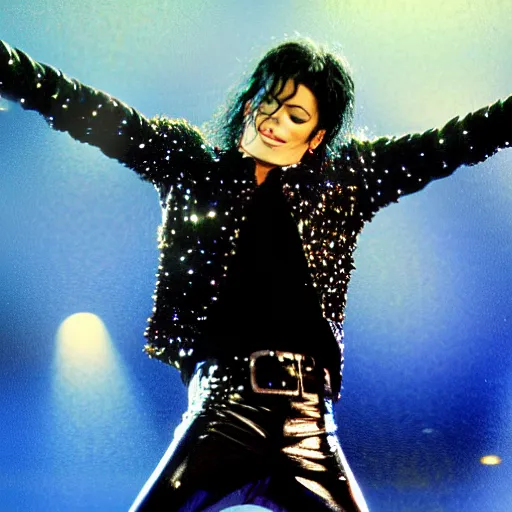 Image similar to Michael Jackson Invincible world tour, sparkly blue style