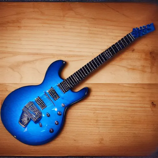 Prompt: a blue electric guitar on a table with a barbecue plate and a beer can. polaroid. 1/200 sec ISO 50. f/5.6 with artificial light