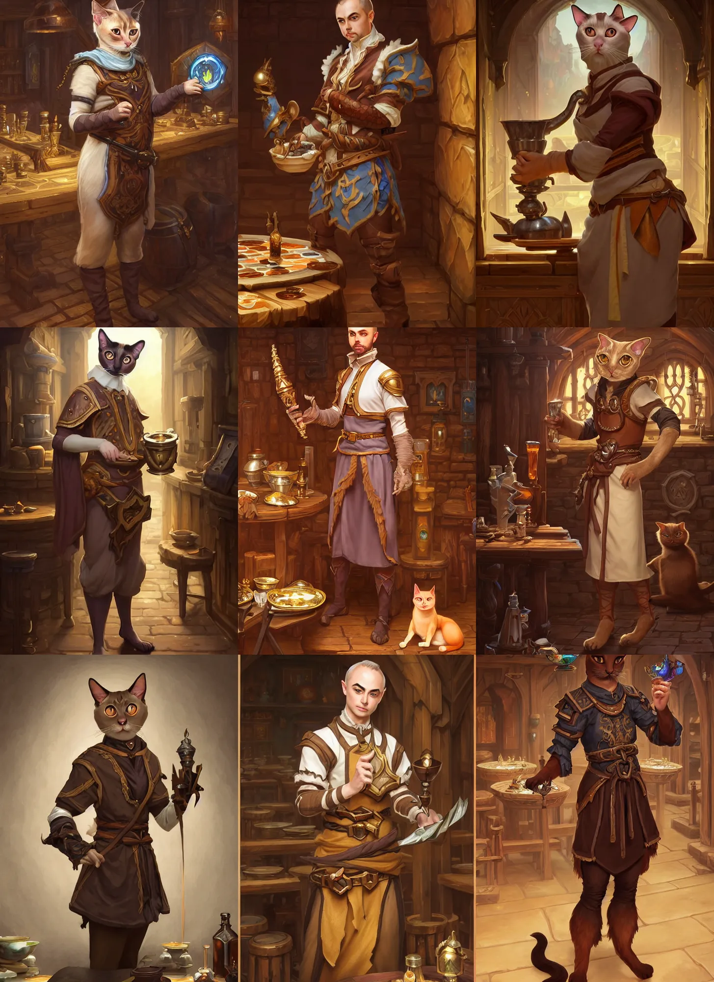 Prompt: full body photograph of a male anthropomorphic siamese cat fursona cleric in a tavern, deep focus, intricate, elegant, highly detailed, digital painting, artstation, concept art, matte, sharp focus, illustration, d & d, fantasy, hearthstone, art by artgerm and greg rutkowski and alphonse mucha