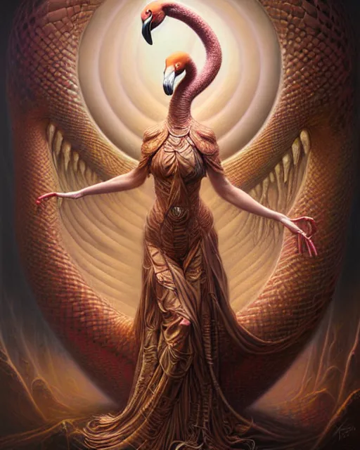 Image similar to a detailed portrait of dreampunk flamingo python hybrid mix beautiful! goddess by tomasz alen kopera and peter mohrbacher