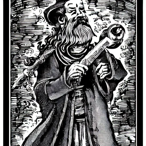 Image similar to wizard with beard, holding a bomb, dnd, high detail, fantasy, in the style of vintage antique illustration and line drawing, engraving, medieval line drawing