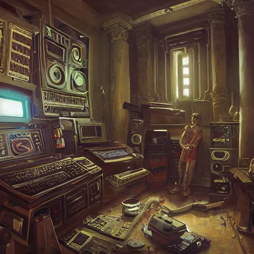 Image similar to detailed painting of a scifi recorder, interior with old computers, celestial ephemeral ornaments and greek architecture, artstation, norm rockwell in africa, cinematic