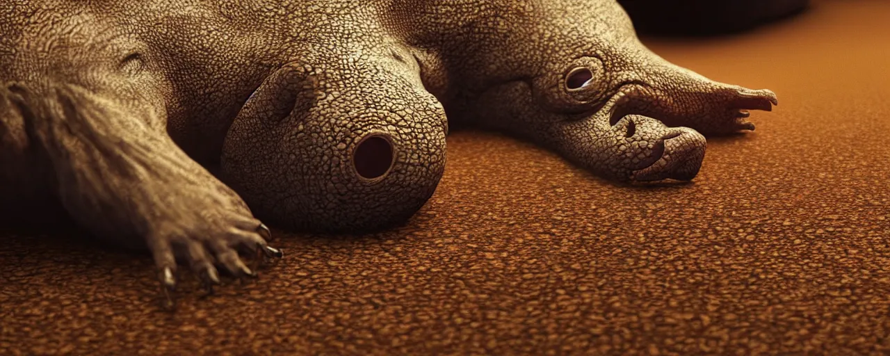 Image similar to a strange creature lies on the floor in the home room, film still from the movie directed by Denis Villeneuve with art direction by Zdzisław Beksiński, close up, telephoto lens, shallow depth of field, beautiful detailed intricate insanely detailed octane render, 8K artistic photography, photorealistic