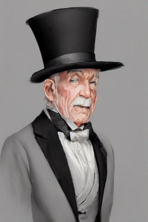 Image similar to a grey hair old halfling with no beard stubble top hat and suit by Greg Rutkowski, painting, portrait, HD, high details, trending on artstation