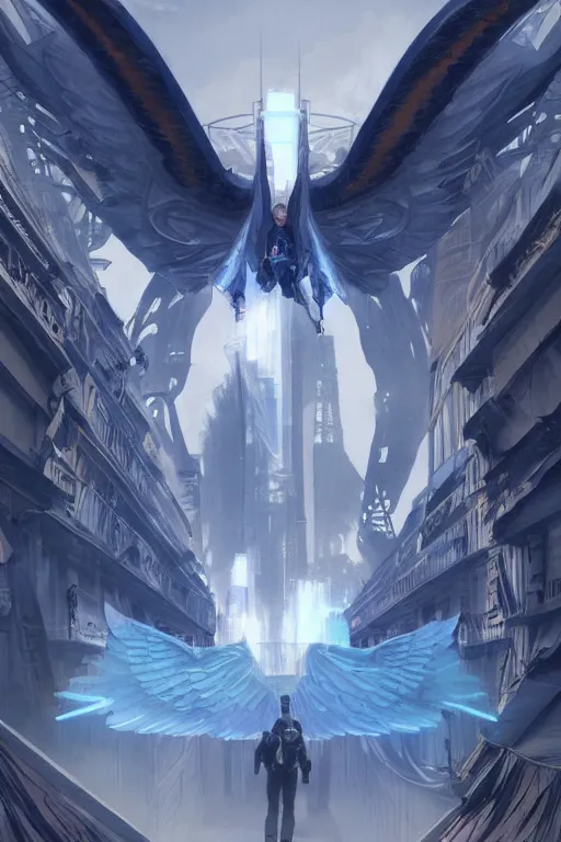 Prompt: a man from behind with a pair of blue vapor energy wings soaring through futuristic paris, 4 k, shimmering color, cinematic light, hyper detailed, art by greg rutkowski and magali villeneuve and artgerm