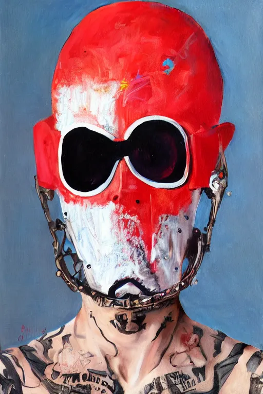 Image similar to a male character wearing a diy! costume, punk, with fluo colored details and a transparent helmet, muted colors, vivienne westwood, nausicaa, hyper real painting