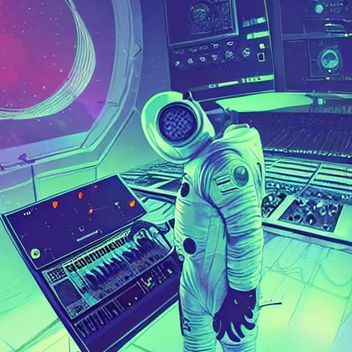 Image similar to an astronaut in a recording studio, looking at a glowing computer screen, using roland tr - 8 0 8 with his left hand and a roland tb - 3 0 3 with his right hand, there is not gravity in the recording studio and everything is floating, illustrated by greg rutkowski, [ digital art, synthwave art style ]!!