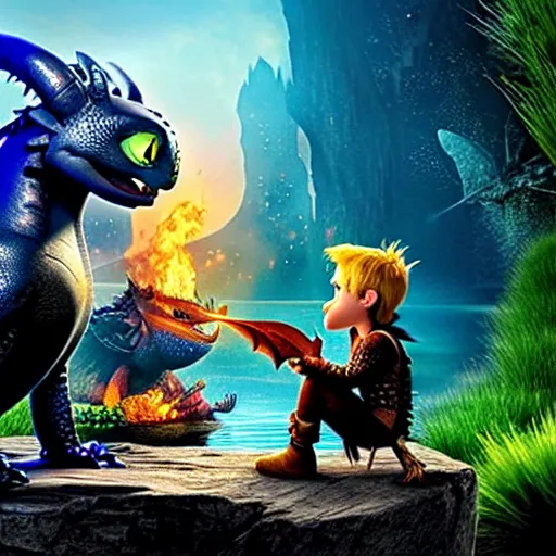 Image similar to a silver dragon and a boy sitting together next to a lake watching firefly, night, forest, how to train your dragon 3