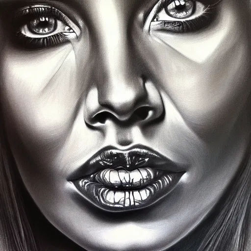 Prompt: painted closeup portrait of intense woman, fierce, elegant, extremely detailed by chuck close, charcoal on canvas