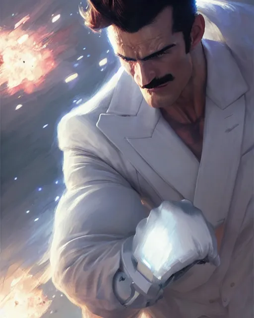 Image similar to gigachad luigi fighting like brock samson in a white suit, fantasy character portrait, ultra realistic, concept art, intricate details, highly detailed by greg rutkowski, ilya kuvshinov, gaston bussiere, craig mullins, simon bisley