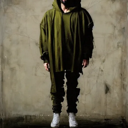 Image similar to a full body lookbook portrait of modern - day jesus wearing olive green yeezy menswear collection by nicola samori, hat and hoodie, detailed, oil painting, hyper realistic, 8 k, yeezy collection