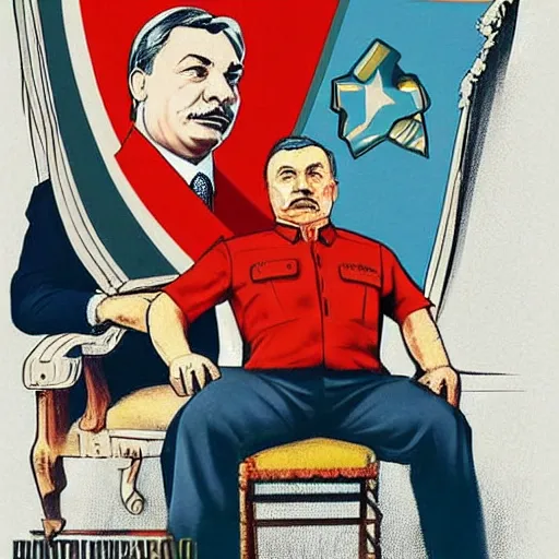Prompt: hungarian prime minister viktor orban sitting on the knee of joseph stalin, propaganda poster art, highly detailed, colored