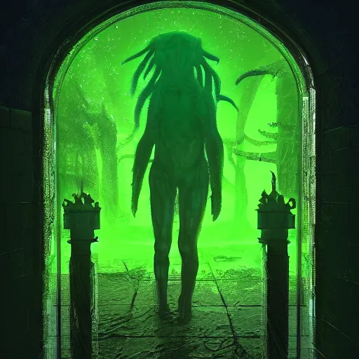 Prompt: highly detailed explorer walking a passageway with monsters in transparent glass containers with fluorescent green liquid, Call of Cthulhu style, trending on artstation and deviantart